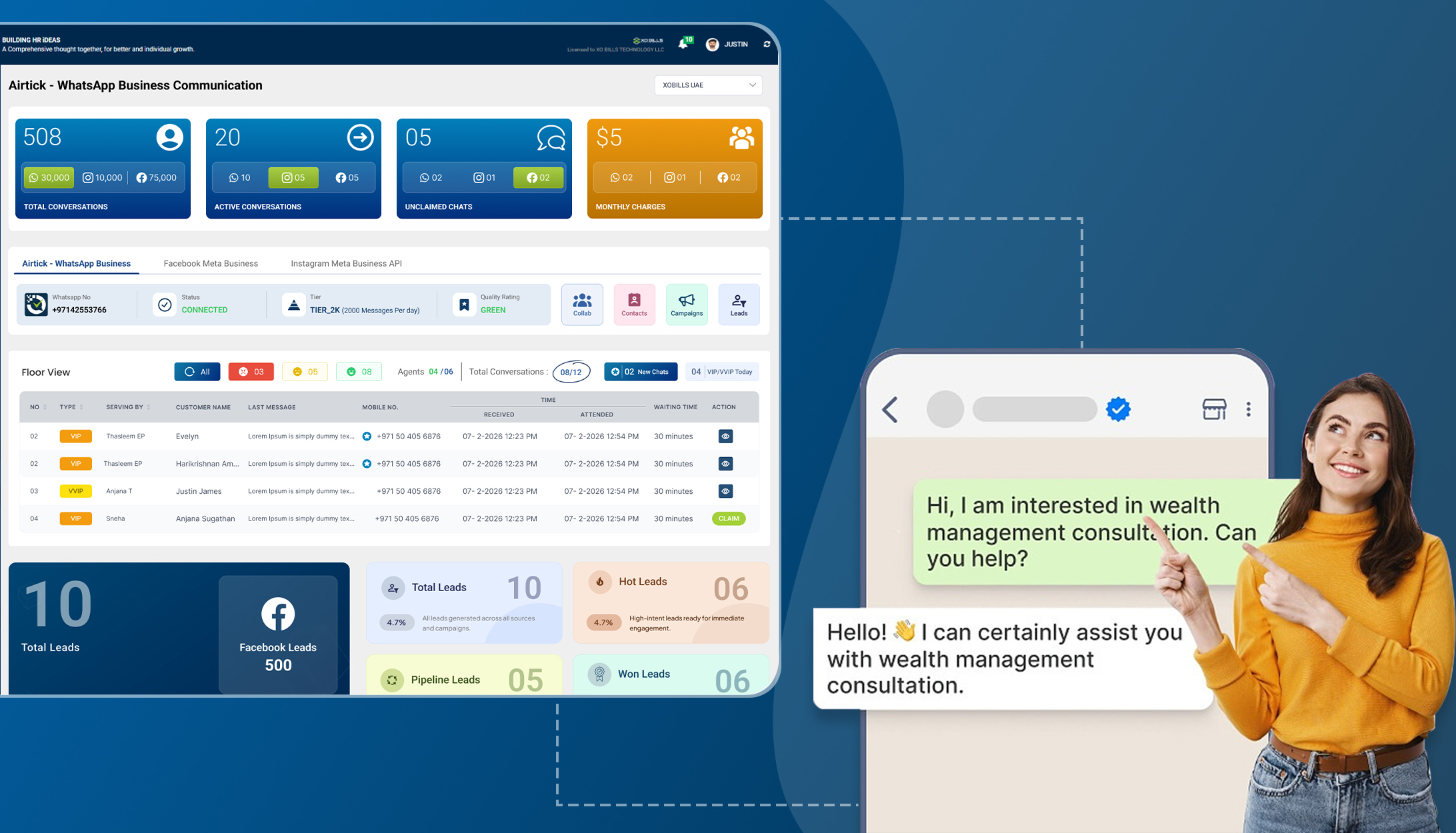 Mobile app view of Airtick WhatsApp Business automation