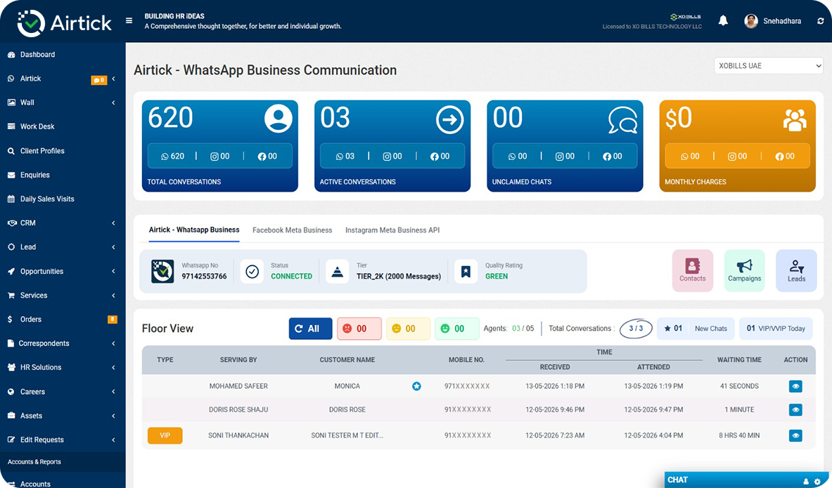 Airtick WhatsApp Business Communication dashboard demonstration